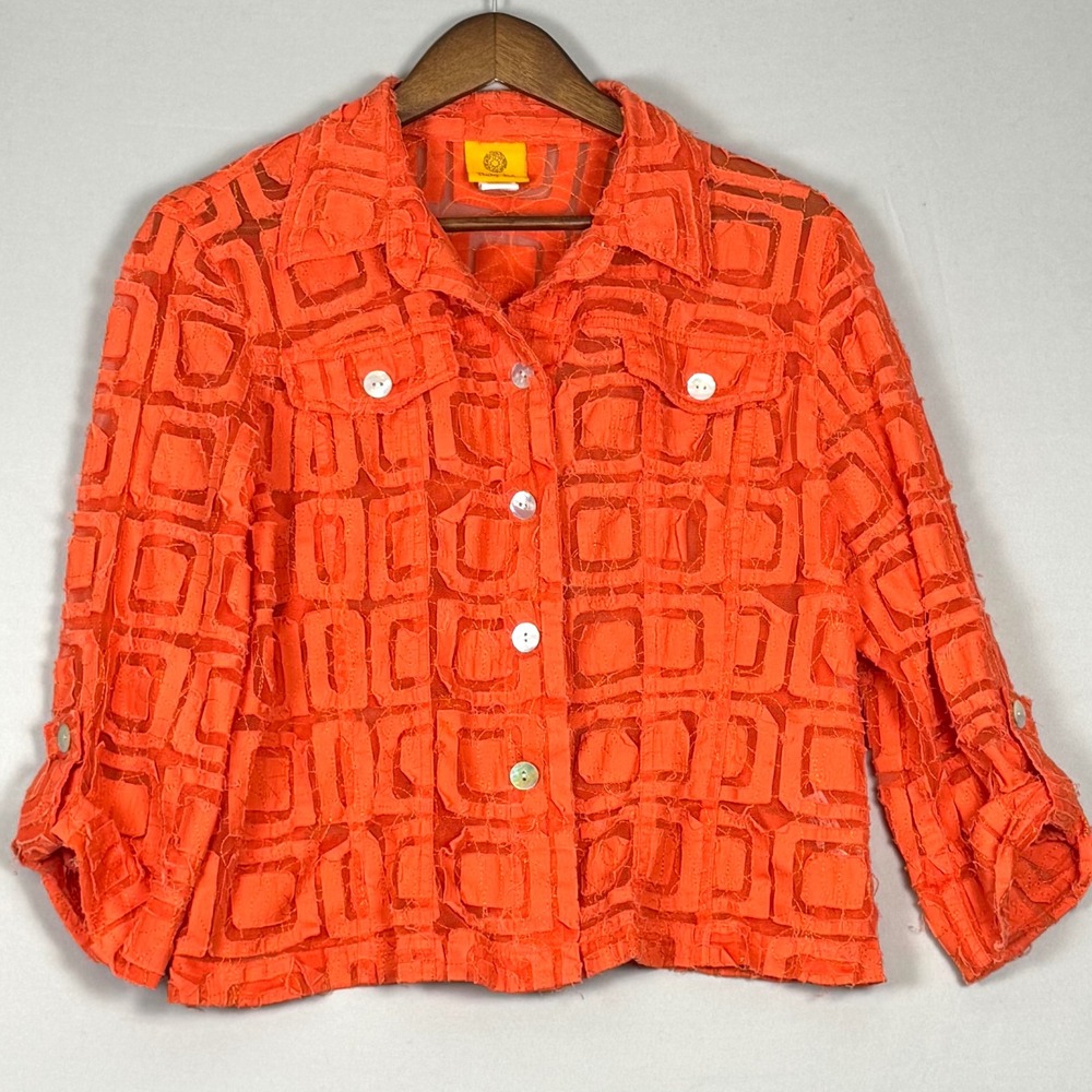 Ruby Rd Button Front Jacket Women 16 Orange Excellent Distressed Y2K Mesh Top